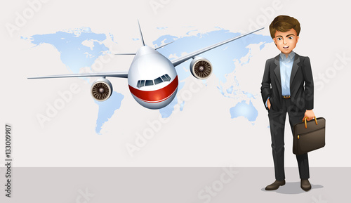 Businessman and airplane flying in background photo