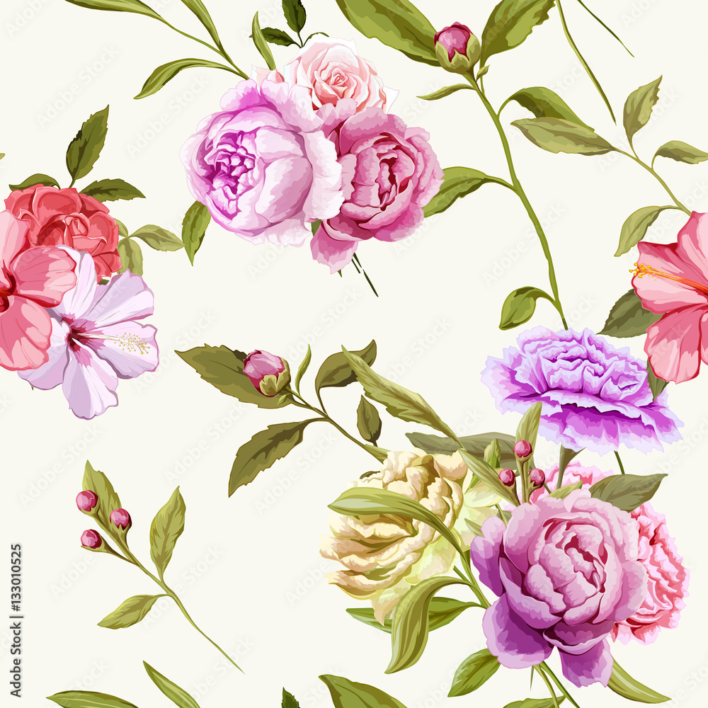 Carnations, Peony and roses with leaves. Seamless background pattern. Vector - stock.
