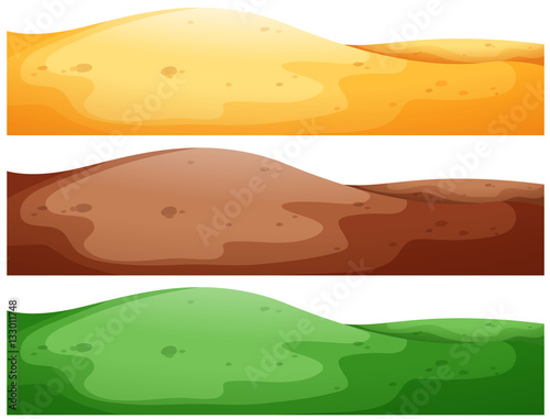 Three scenes of hills with different color ground