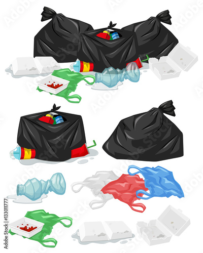 Many piles of trash with plastic bags and bottles
