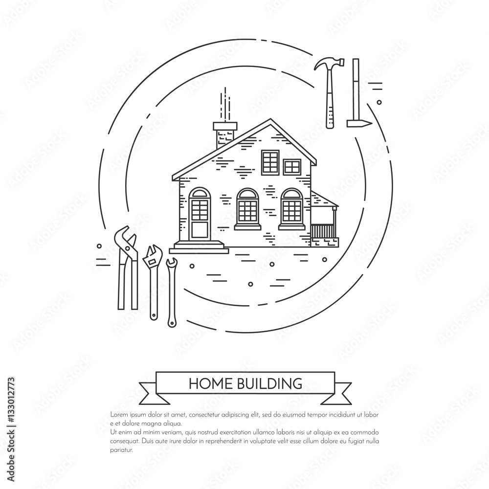House remodel horizontal banner with building tools Line art