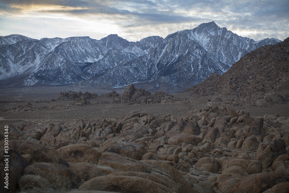 Landscape image of the Alabama Hills and the Sierra Nevada Mountains near Lone Pine, California.