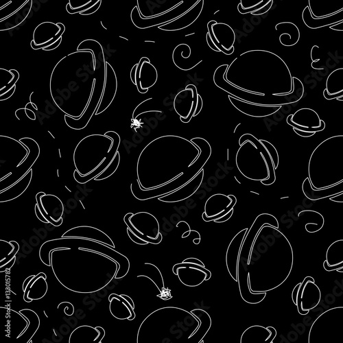 Seamless pattern. Cosmic objects set. doodles. saturn planets Black and white.