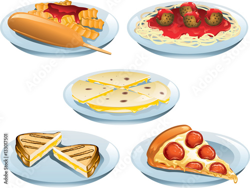 Kids Food Menu Items including, corn dog, spaghetti and meatballs, quesadillas, grilled cheese and pepperoni pizza.