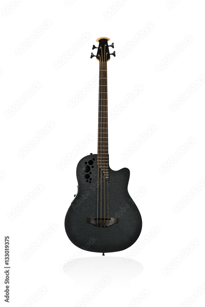 Beautiful black plastic electric guitar bass of the original form isolated on white background