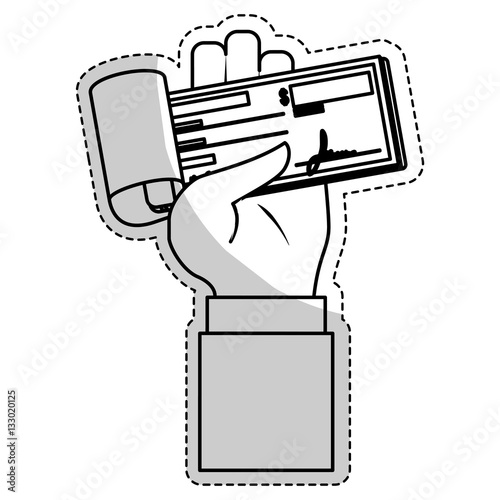 hand with checkbook icon over white background. mobile payments design. vector illustration