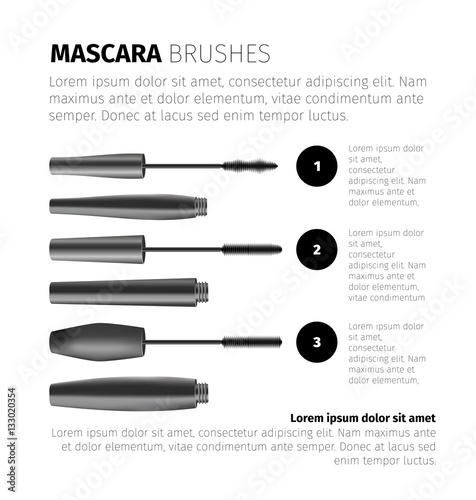 Mascara fashion infographic with realistic vector cosmetic objects and texts