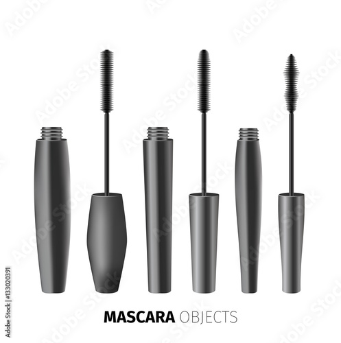 Opened mascara, fashion set of realistic objects
