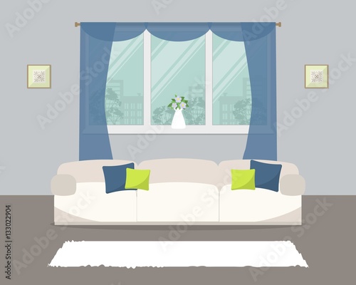 Living room in a blue color. There is a white sofa with pillows on a window background in the picture. Vector flat illustration.