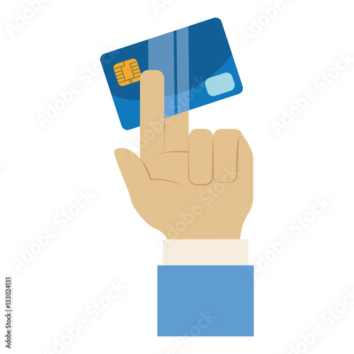 hand holdign a credit card icon over white background. mobile payment concept. colorful design. vector illustration