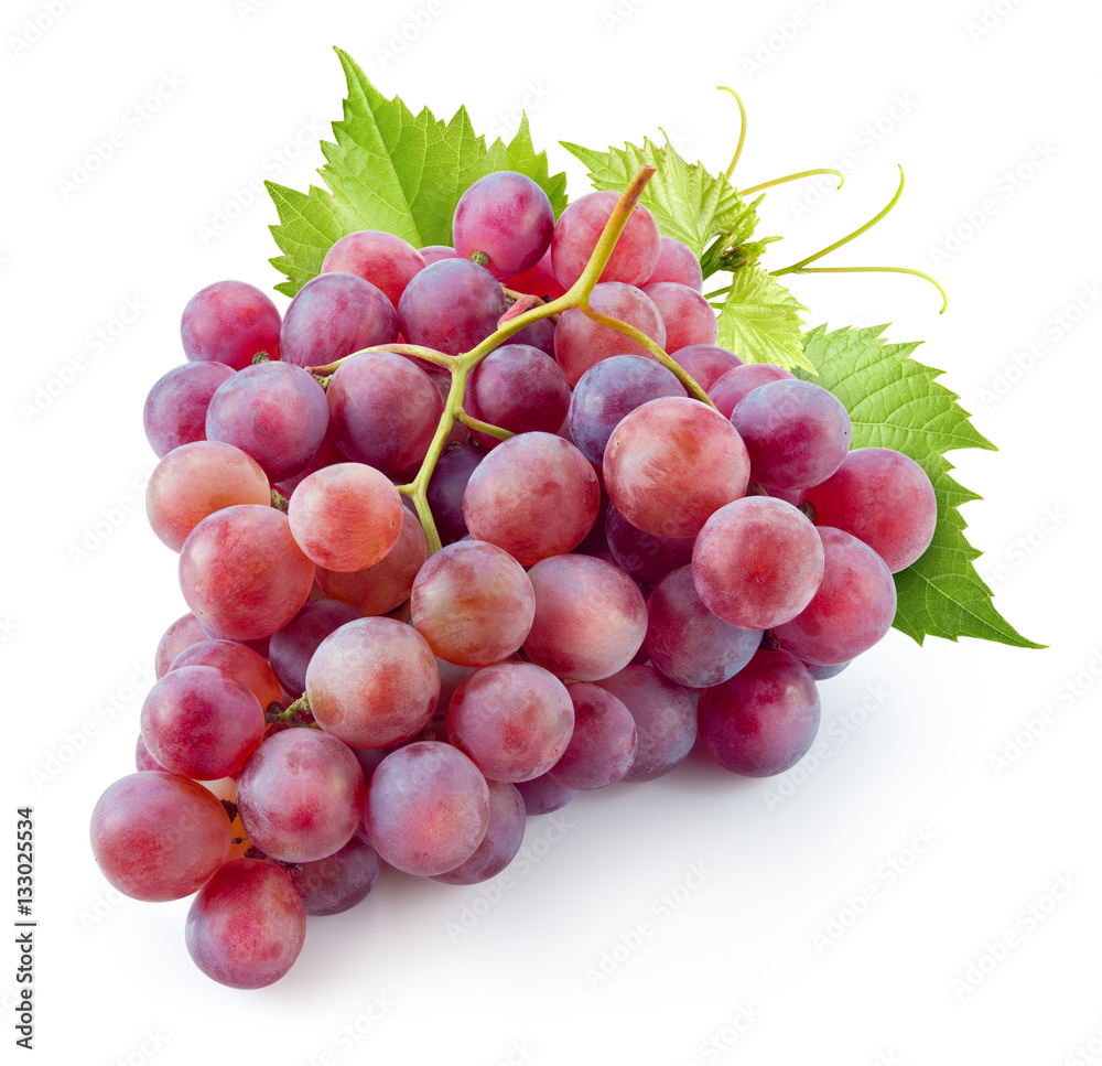 Fototapeta premium Ripe red grape. Pink bunch with leaves isolated on white. With c