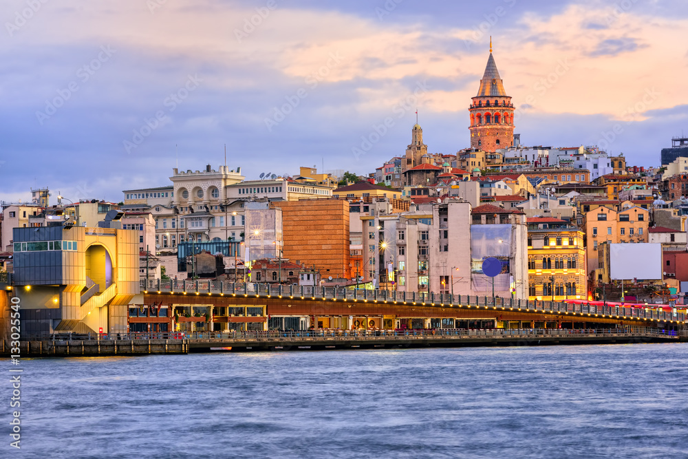 Galata tower and Golden Horn on sunrise, Istanbul, Turkey