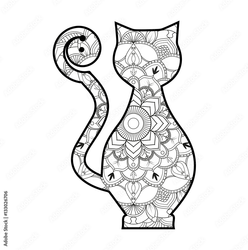 Vector illustration of a stylized cat mandala for coloring book, gatto  stilizzato mandala da colorare vettoriale antistress Stock Vector | Adobe  Stock