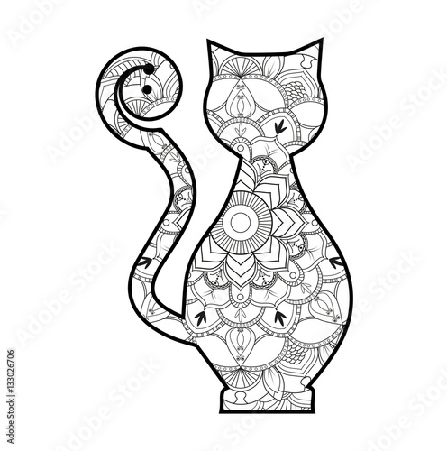 Vector illustration of a stylized cat mandala for coloring book, gatto stilizzato mandala da colorare vettoriale antistress
