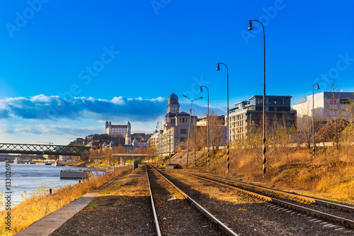 Canvas Print Vie from Appolo bridge near harbour, Bratislava castle, river Da
