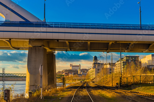 Vie from Appolo bridge near harbour, Bratislava castle, river Da