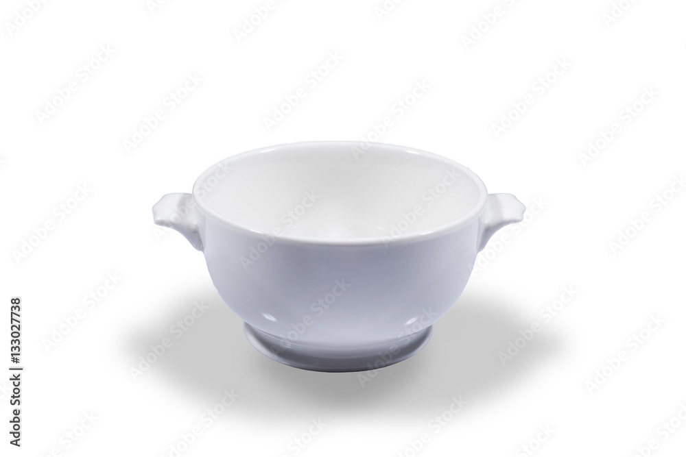 Small white deep bowl with handles on white background from side Small white deep bowl with handles on white background from side