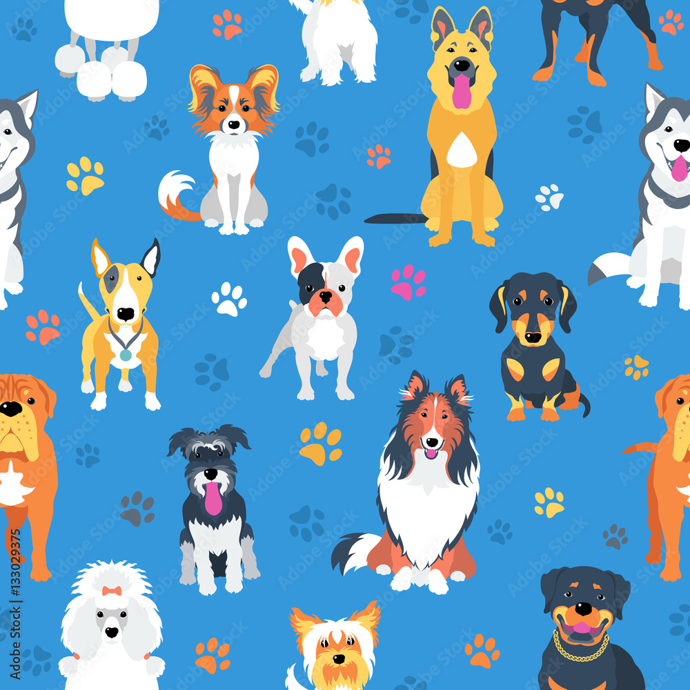 Naklejka premium Vector seamless background with dogs flat design