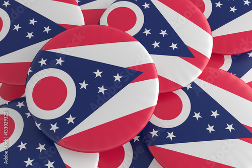 US State Buttons: Pile of Ohio Flag Badges, 3d illustration