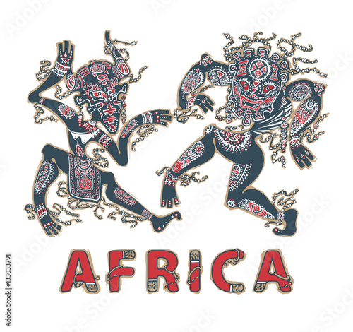 Silhouette of africans. Dancing africans and aborigines in masks. Vector illustration