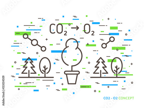 CO2 (carbon dioxide) to O2 (oxygen) linear vector illustration with trees, forest, plant, atom, molecule. Natural (ecology, ecological) oxygen creative graphic concept.