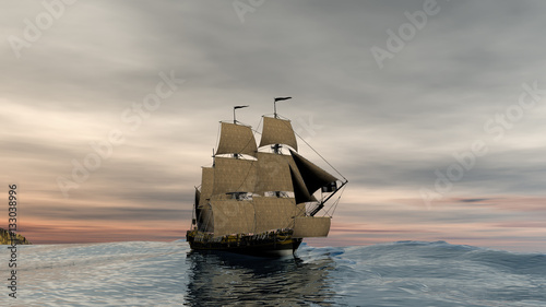 Galleon on high sea onder a sunset 3d rendering  photo