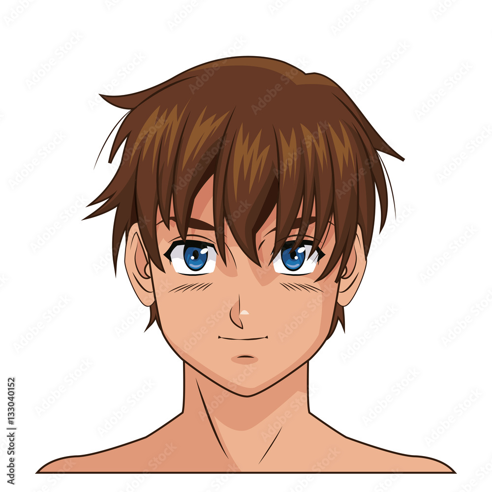 portrait face manga anime boy blue eyes brown hair vector illustration eps  10 Stock Vector | Adobe Stock