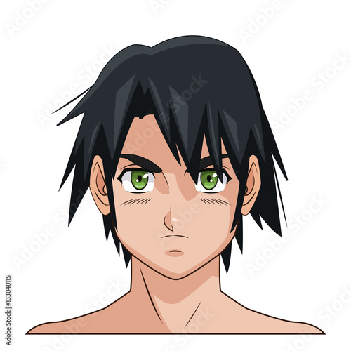 portrait face manga anime male black hair green eyes vector illustration eps 10