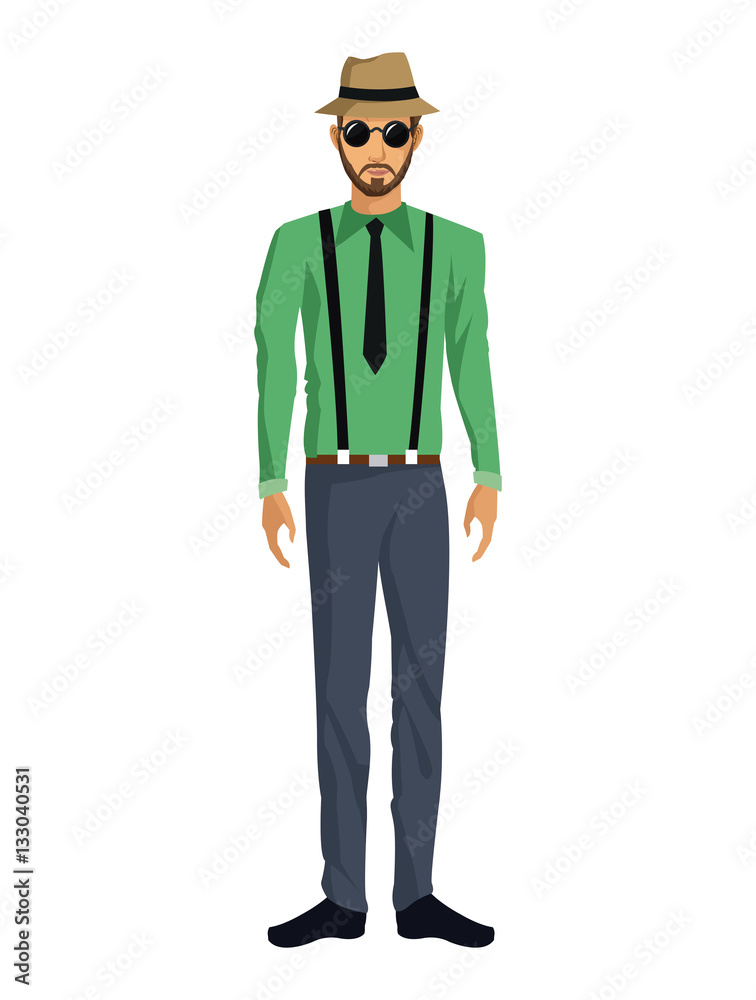 man bearded casual fashion hat glasses pants suspenders vector illustration eps 10