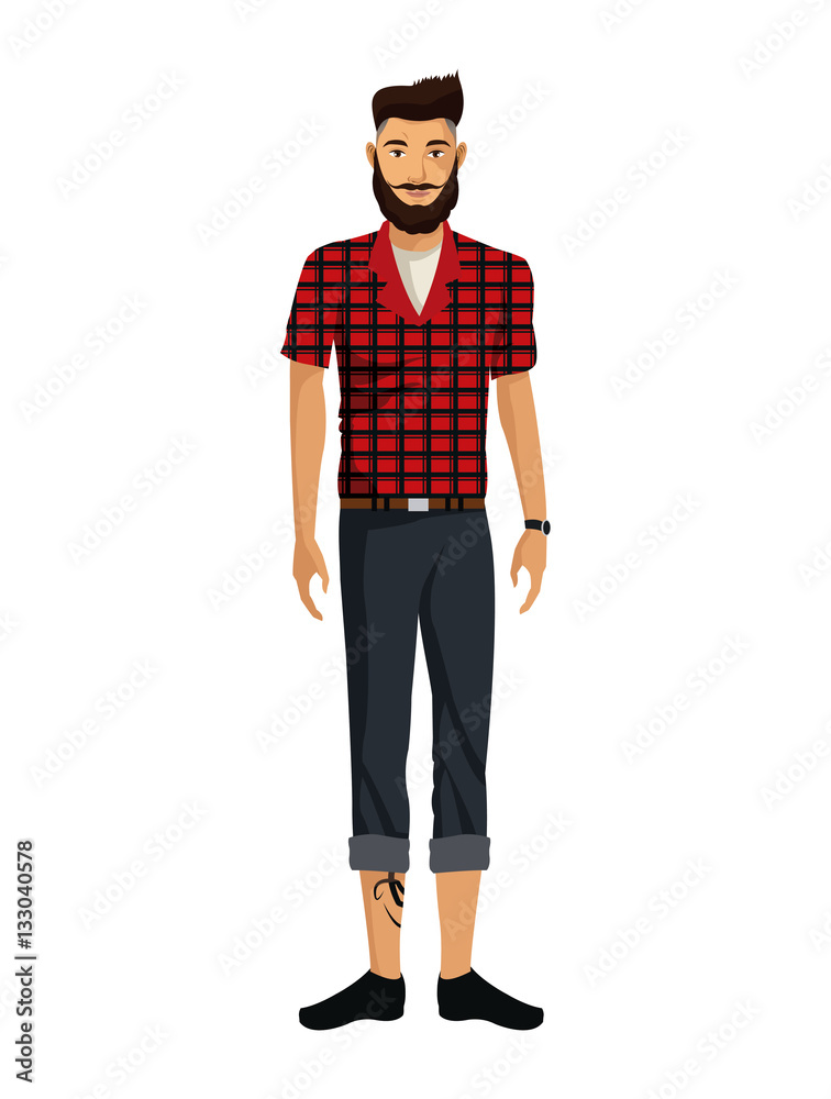 man casual fashion plaid shirt mustache tattoo vector illustration eps 10