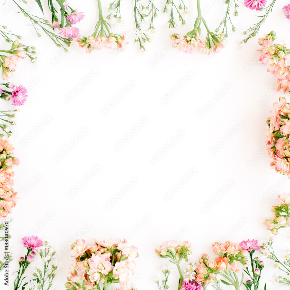 Square frame made of wildflowers. Flat lay, top view. Valentine's background Square frame made of wildflowers. Flat lay, top view. Valentine's background