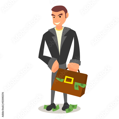 Cheerful businessman or manager holds a briefcase of money, offers a bribe