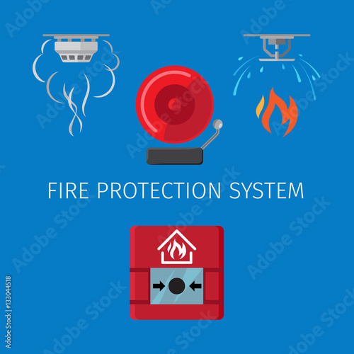 Fire protection and alarm system vector illustration on blue background