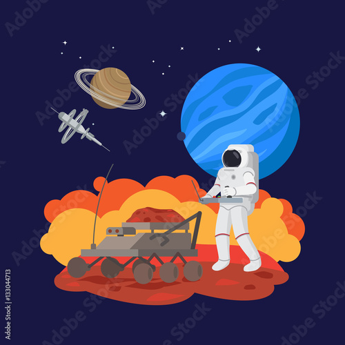 Astronaut in space, soil experiments, space archaeology vector illustration