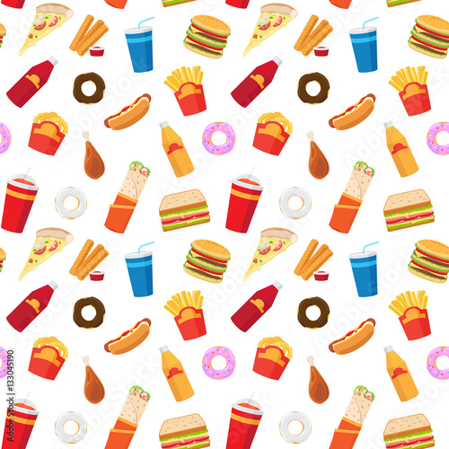 Vector fast food pattern or junk food seamless pattern with white background