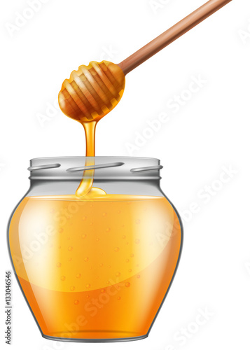 Jar of honey with wooden drizzler. Vector illustration.