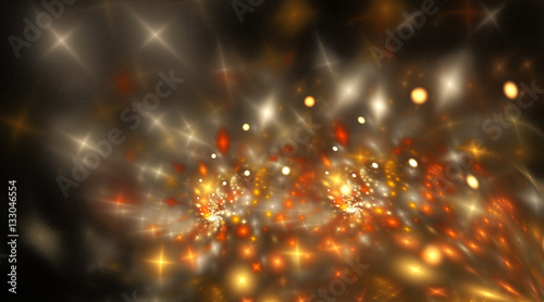 Bright stars. Abstract shining sparks on black background. Fantasy fractal design in orange  yellow and beige colors. Digital art. 3D rendering.