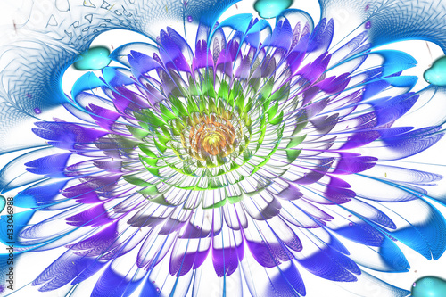 Abstract exotic flower with textured petals on white background. Fantasy fractal design in bright blue  purple and green colors. Psychedelic digital art. 3D rendering.