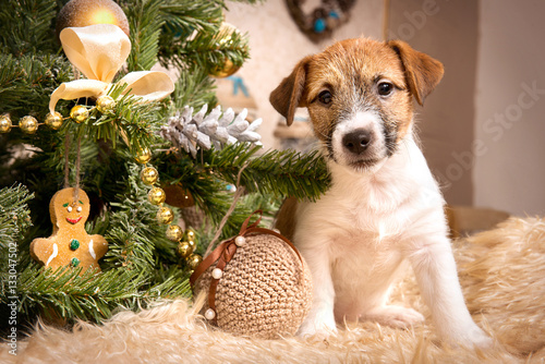 Puppy Jack Russell Terrier in Christmas interior