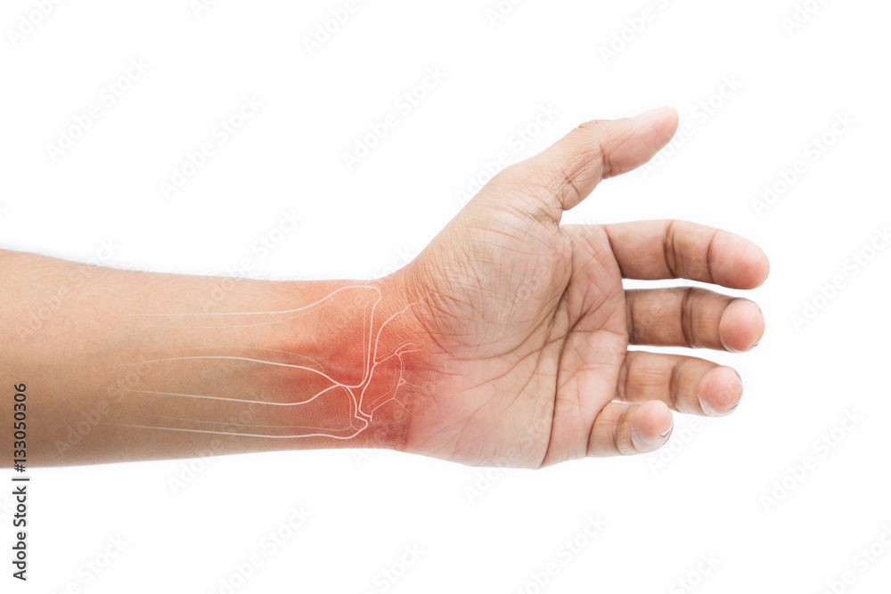 Man massaging painful wrist on a white background. Pain concept Man massaging painful wrist on a white background. Pain concept