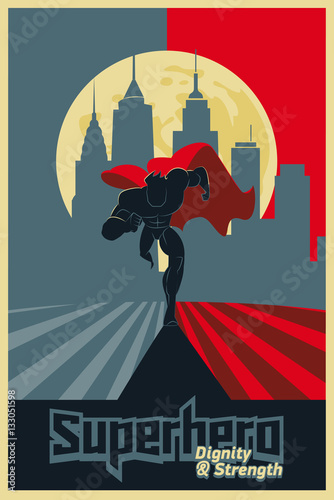 Superhero running in front of a urban background. Poster red & b
