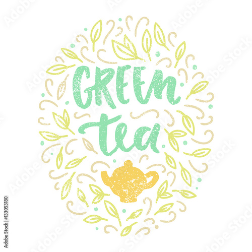 Green tea illustration. Hand drawn lettering and doodles. Vector EPS 10