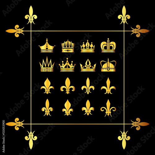 Set of golden vector crowns and fleur de lys black