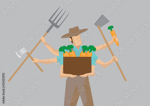 Multiple-tasking Busy Farmer Carton Character Vector Illustratio