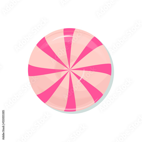 Striped pink lollipop vector icon design symbol. Round candy