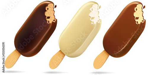 Vector Set of Bitten Popsicle Choc-ice Lollipop Ice Cream in Chocolate Glaze on Stick photo