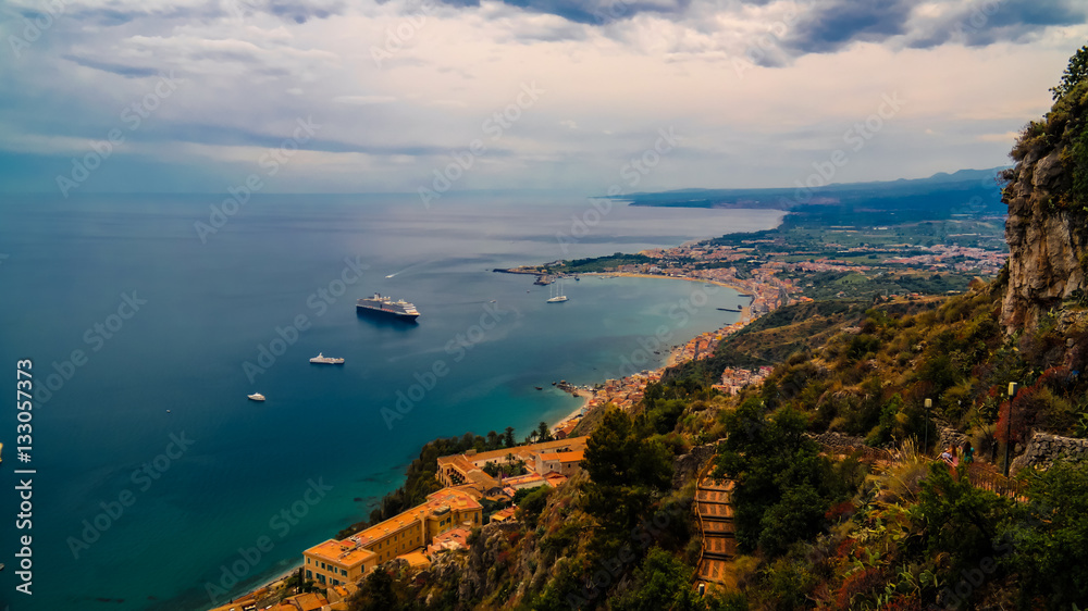 Aerial view to Taormina bay, Sicily, Italy Aerial view to Taormina bay, Sicily, Italy