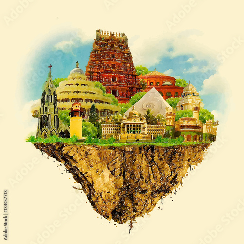BANGALORE city on floating land vector water color illustration