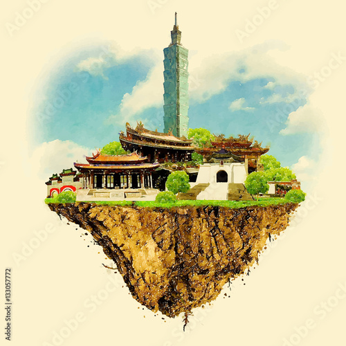 TAIPEI city on floating land vector water color illustration