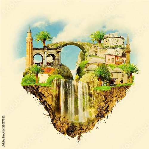 ANTALYA city on floating land high resolution water color illust